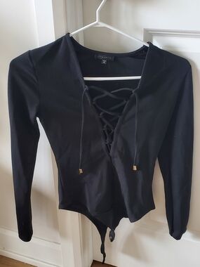 Dynamite Black Lace-Up Long Sleeve Bodysuit with Gold Trim